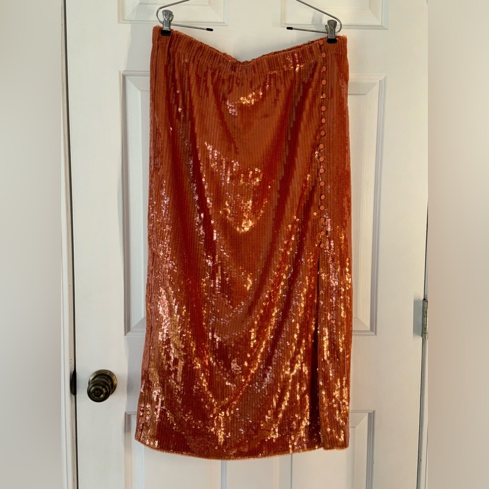J. Crew Orange Sequined Pencil Skirt with Elastic Waist Size Large